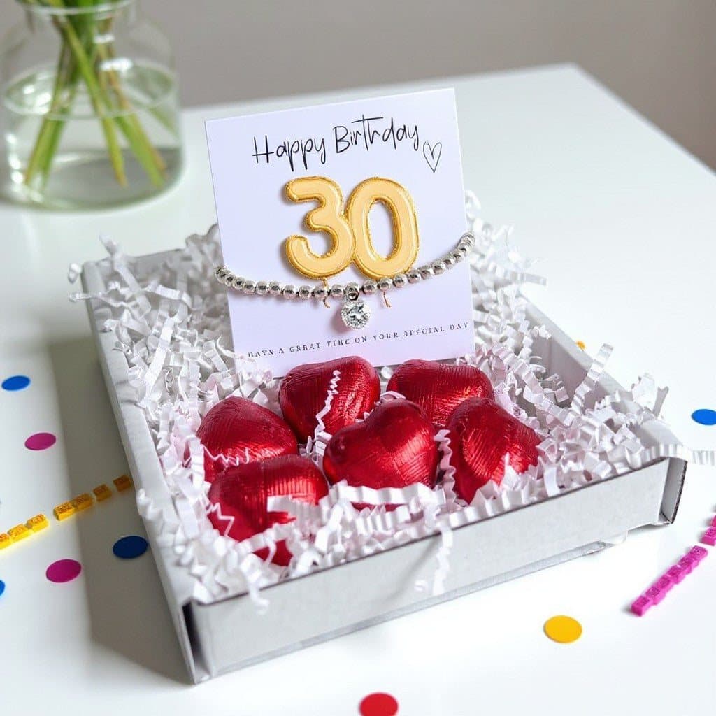 30th birthday gift box with a bracelet, gold balloon card and chocolate hearts