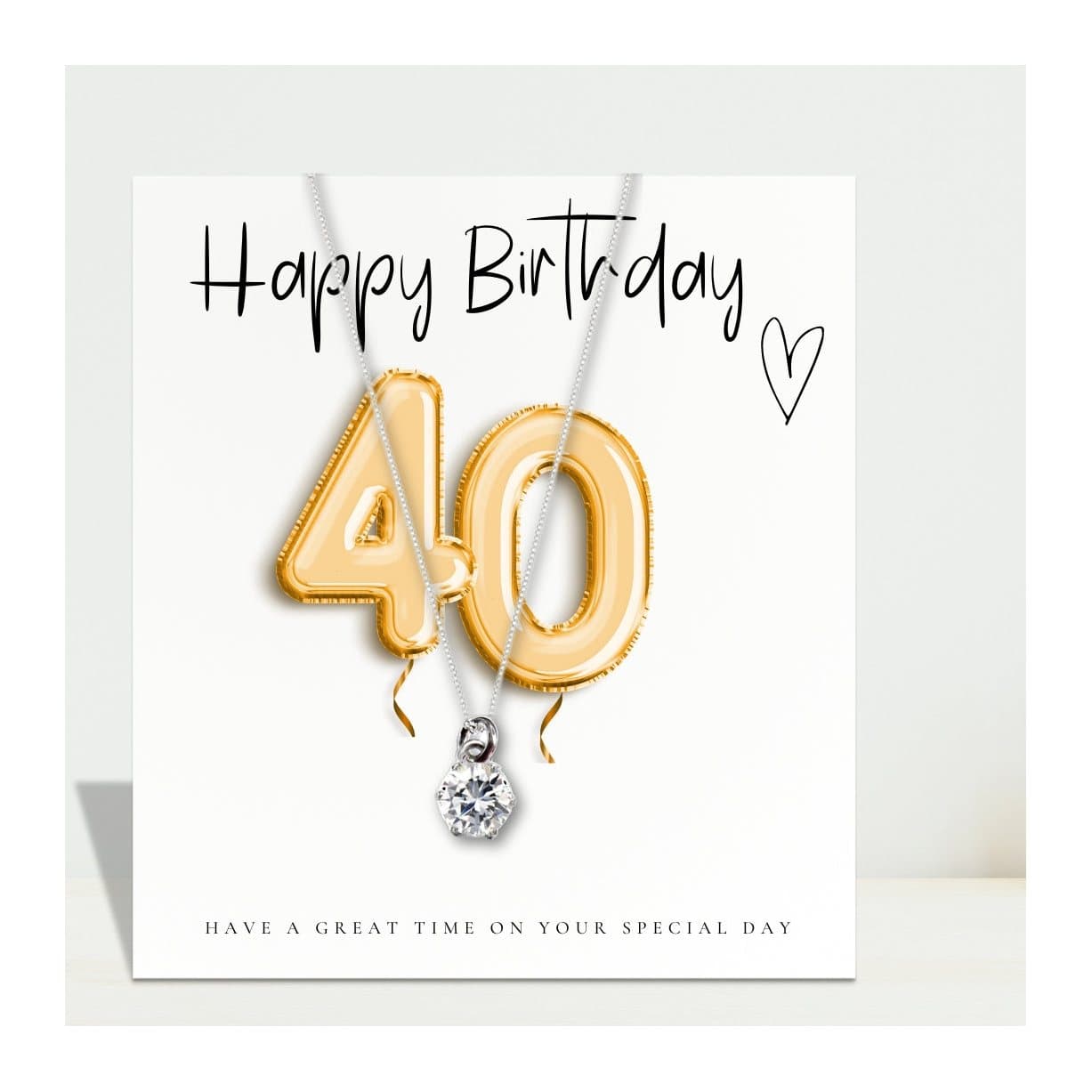 40th birthday silver necklace with cubic zirconia charm and gold balloons message card