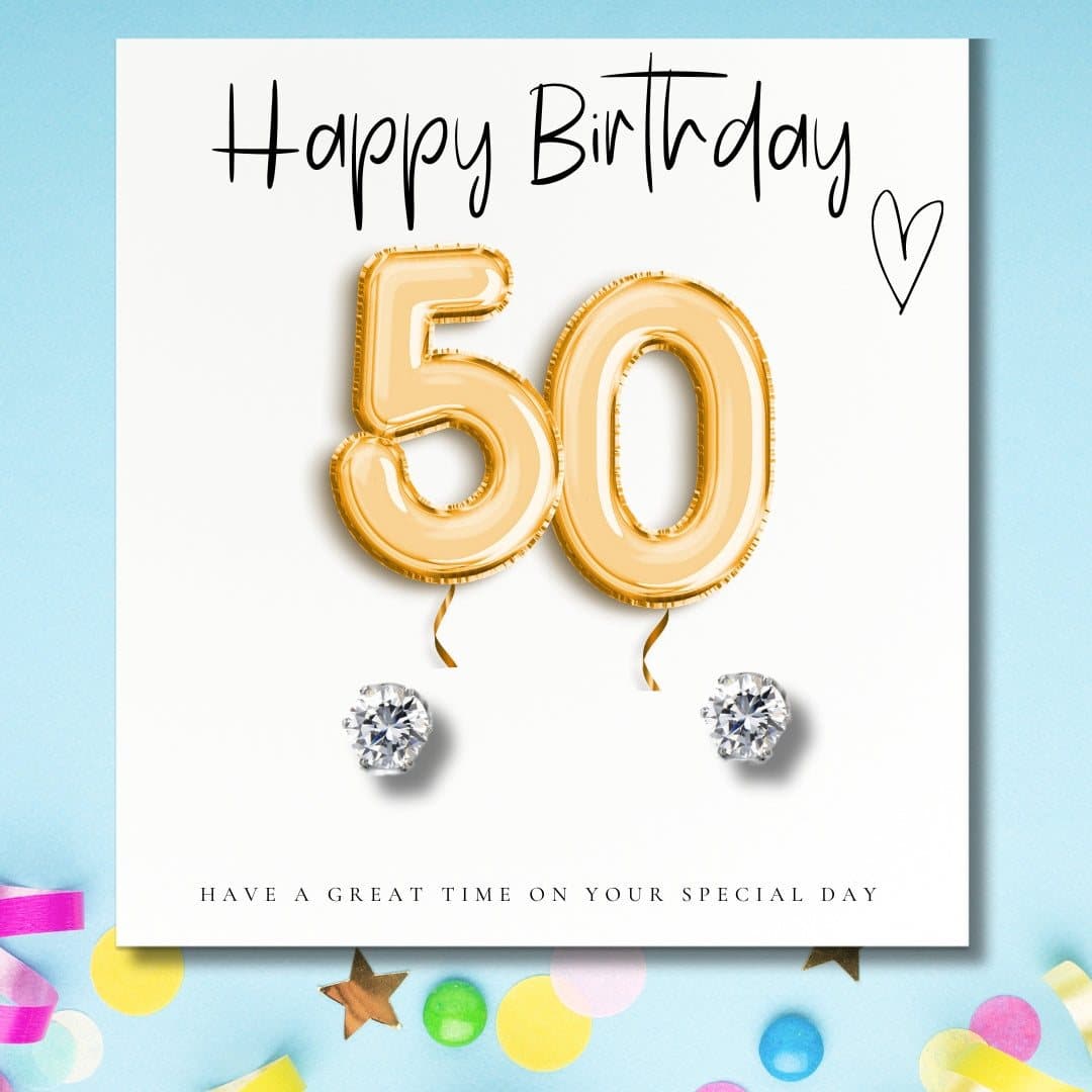 Gold Balloons 50th birthday stud earrings and message card