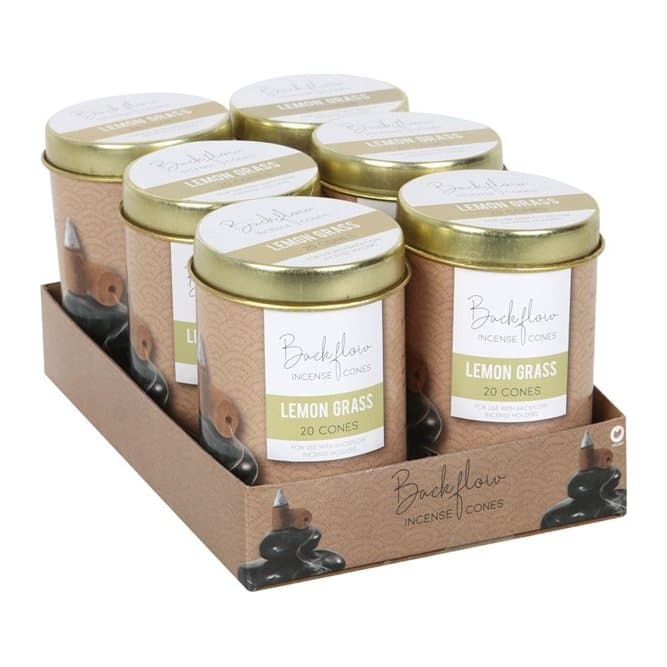 Six tins of lemon grass backflow incense cones in a cardboard display box
