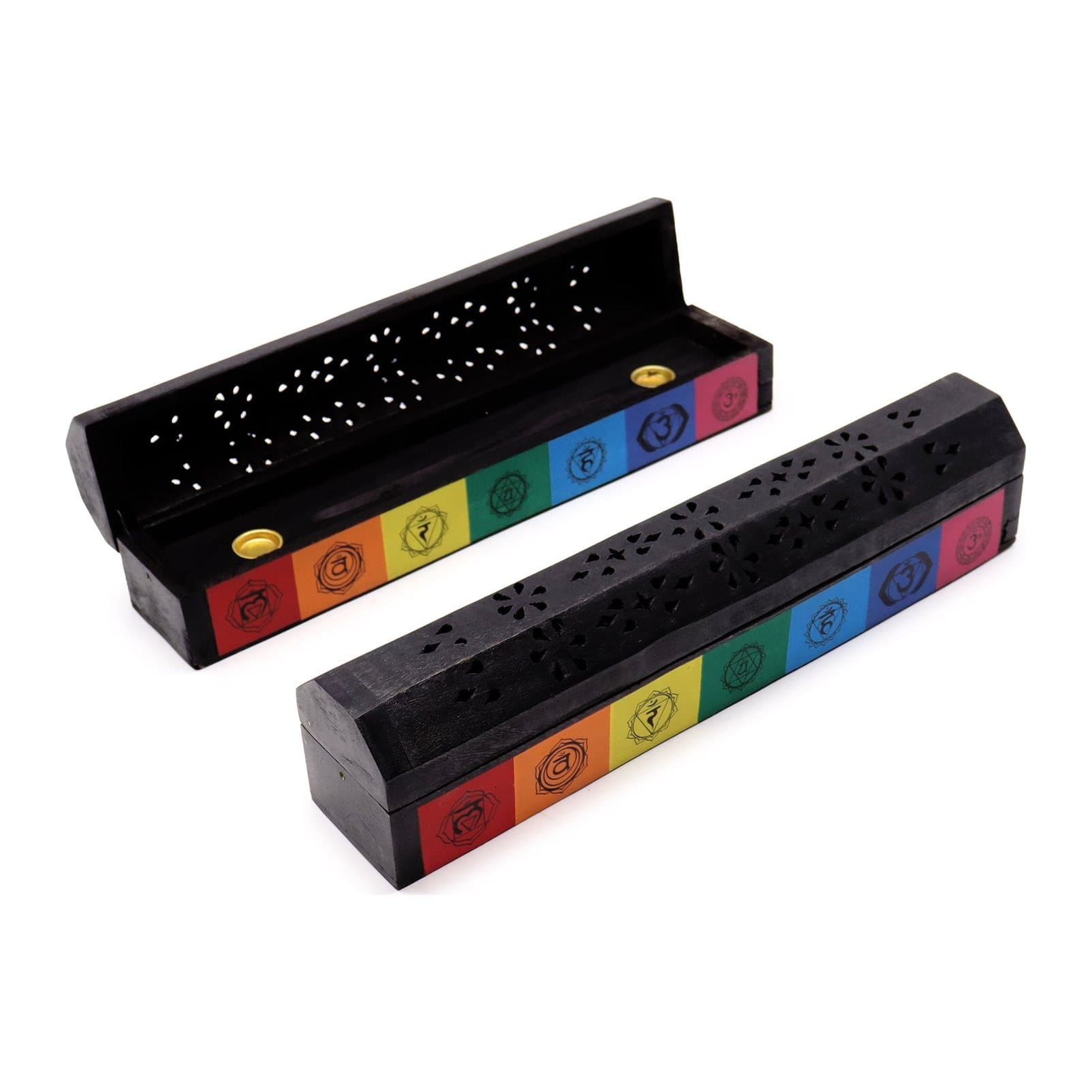 Mango wood smoke box with seven colourful chakra symbols