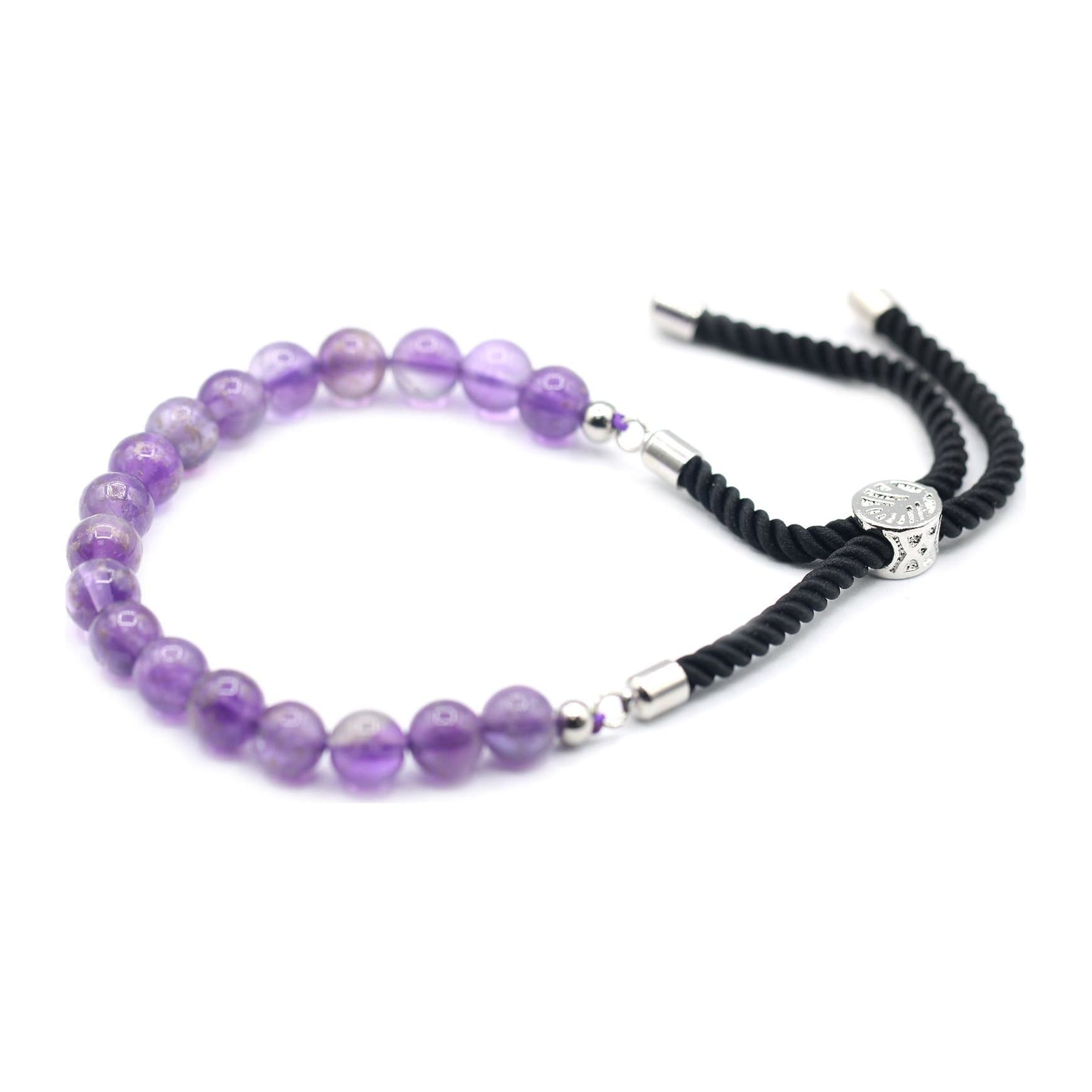 Amethyst gemstone bracelet on black string with a silver plated toggle