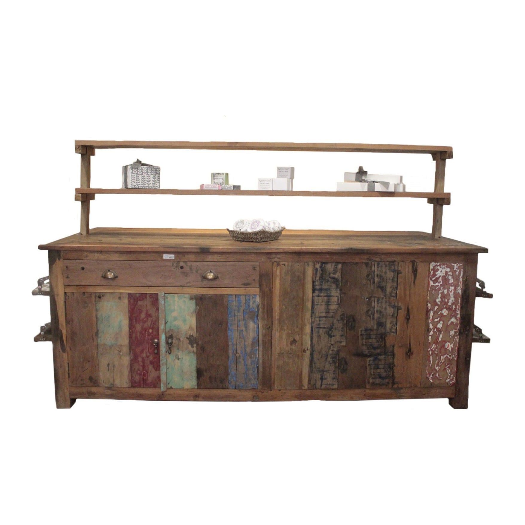 Large recycled wood centre display table with drawers and shelves