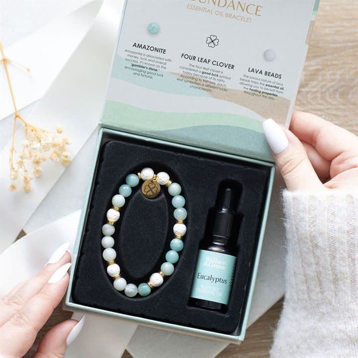 Amazonite and lava bead bracelet gift set with eucalyptus essential oil