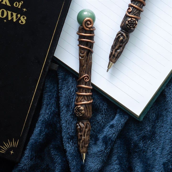 Magic wand pen with green aventurine crystal and moon and star box