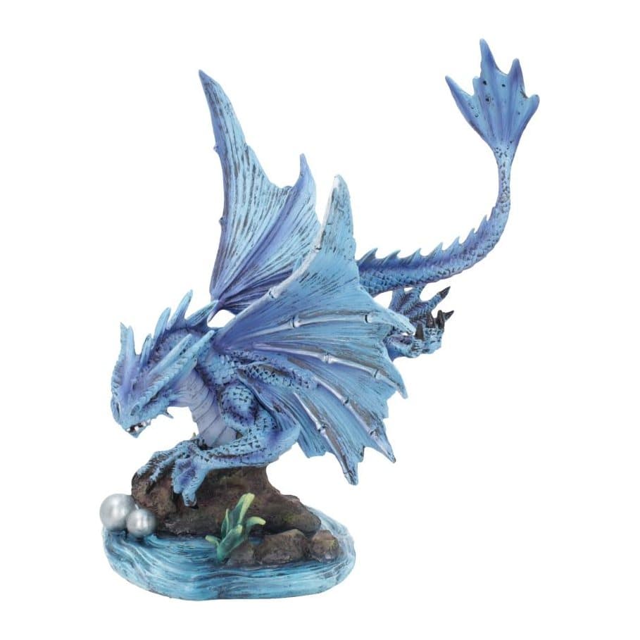 Blue water dragon with spread wings on rocks in a whirling pool