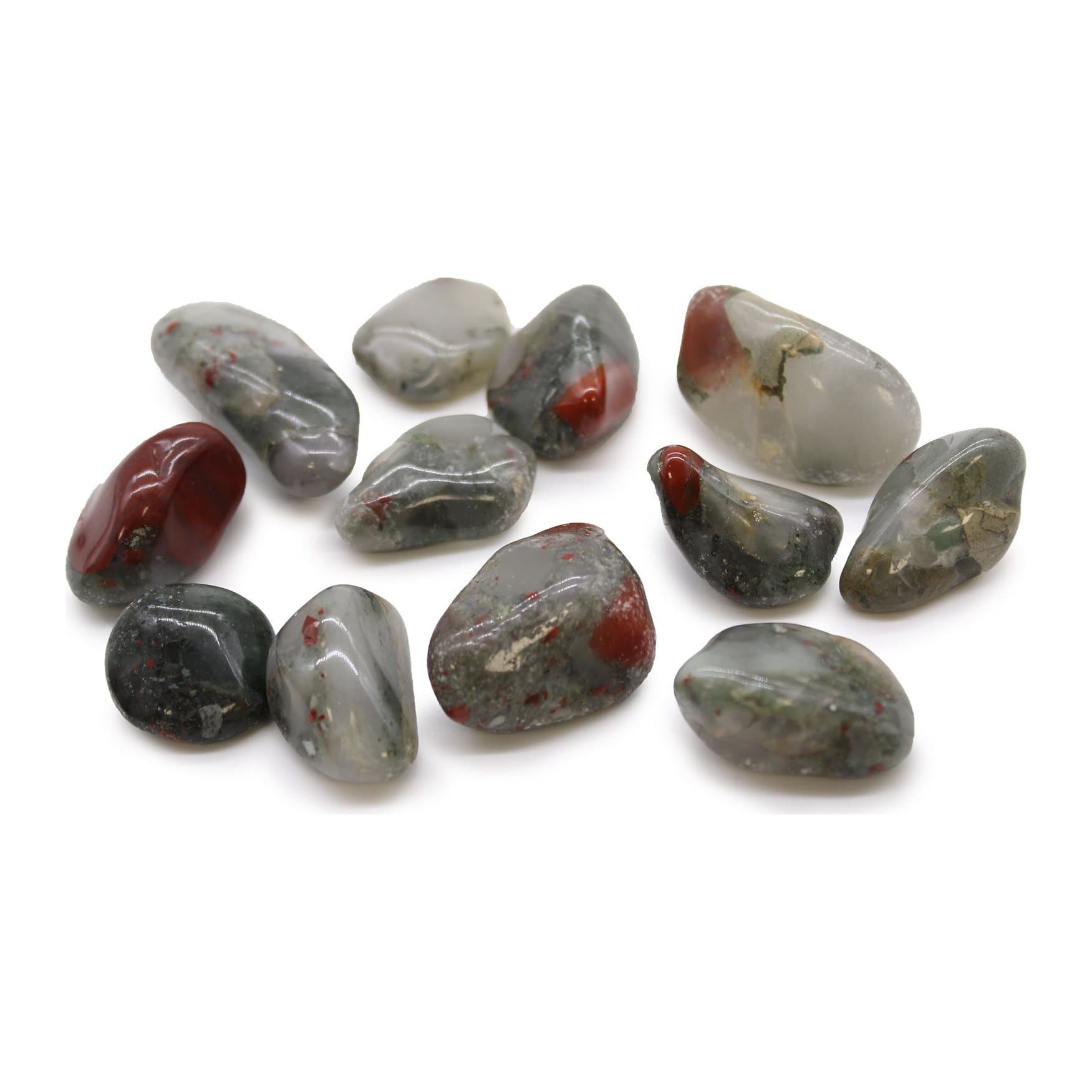 Dark green African bloodstone tumble stones with red markings