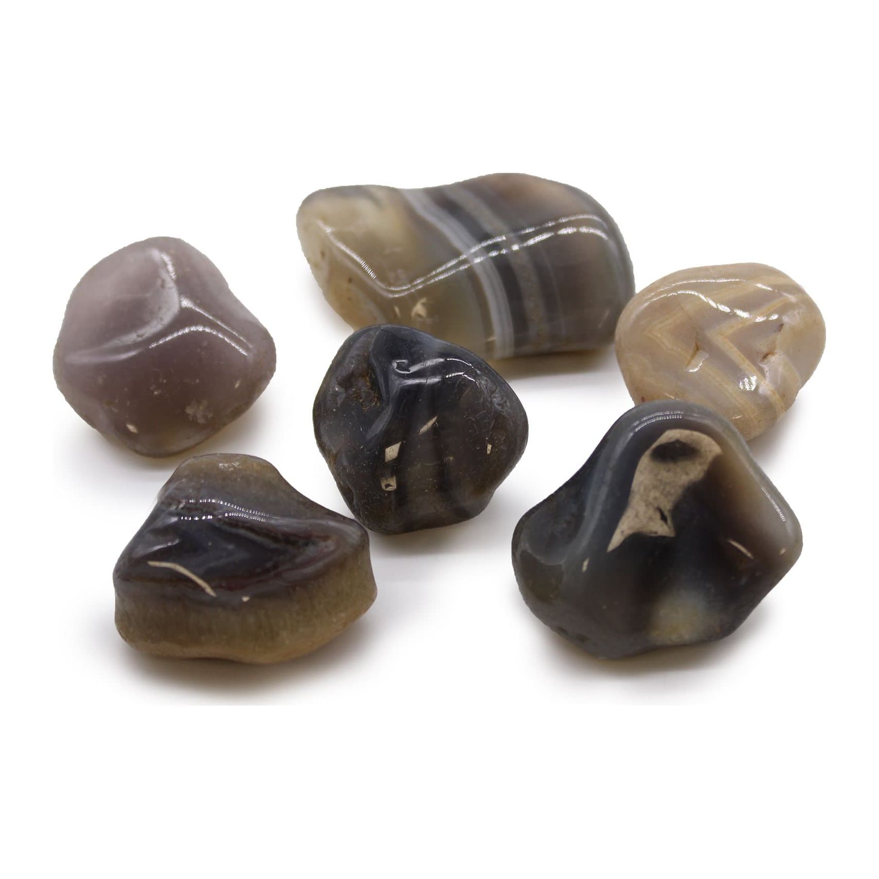 Grey-blue agate tumble stones with white and brown bands