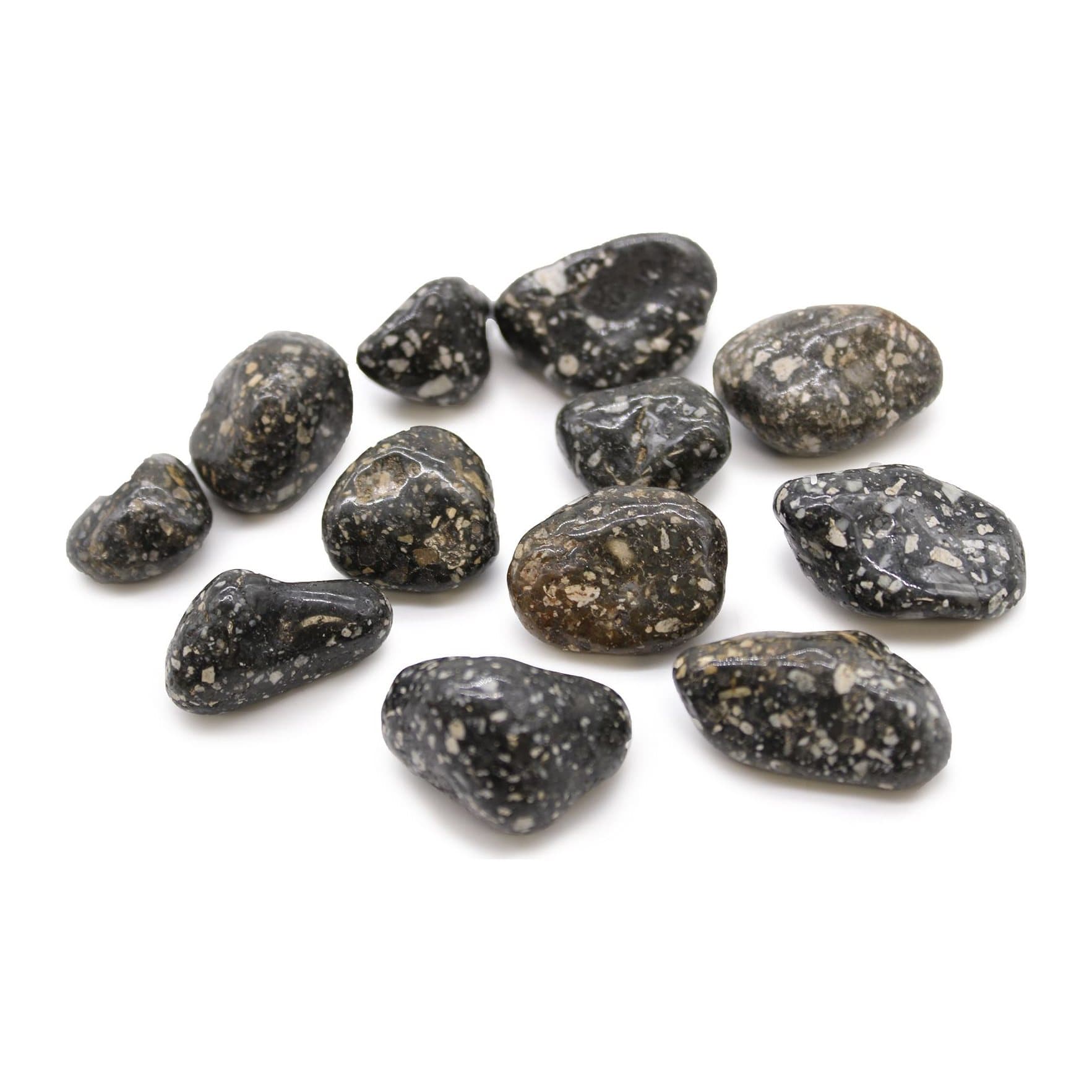 Black African tumble stones with white spots, guinea fowl jasper
