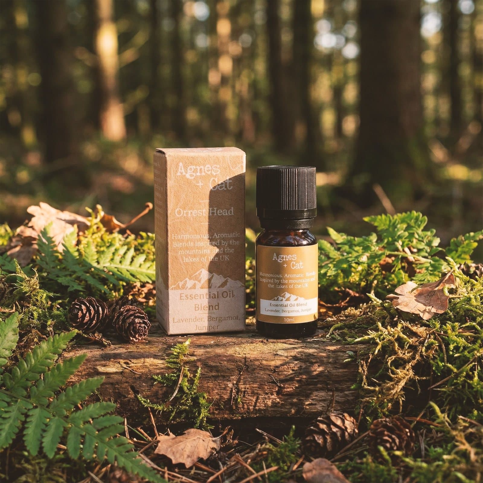 Orrest Head essential oil blend in an amber glass bottle with a kraft box