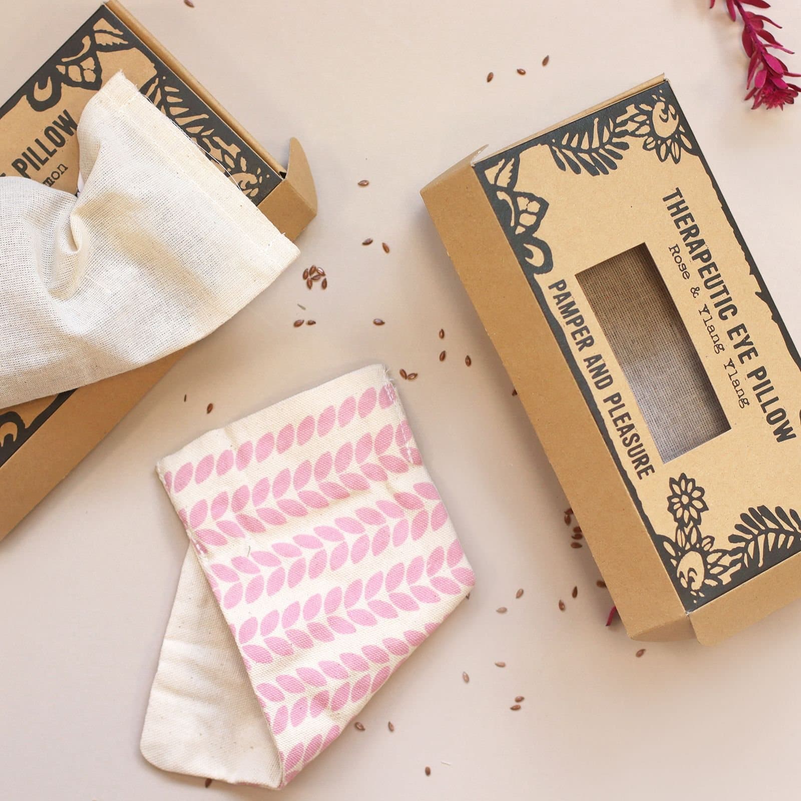 Rose and ylang ylang scented linseed eye pillow in a kraft gift box