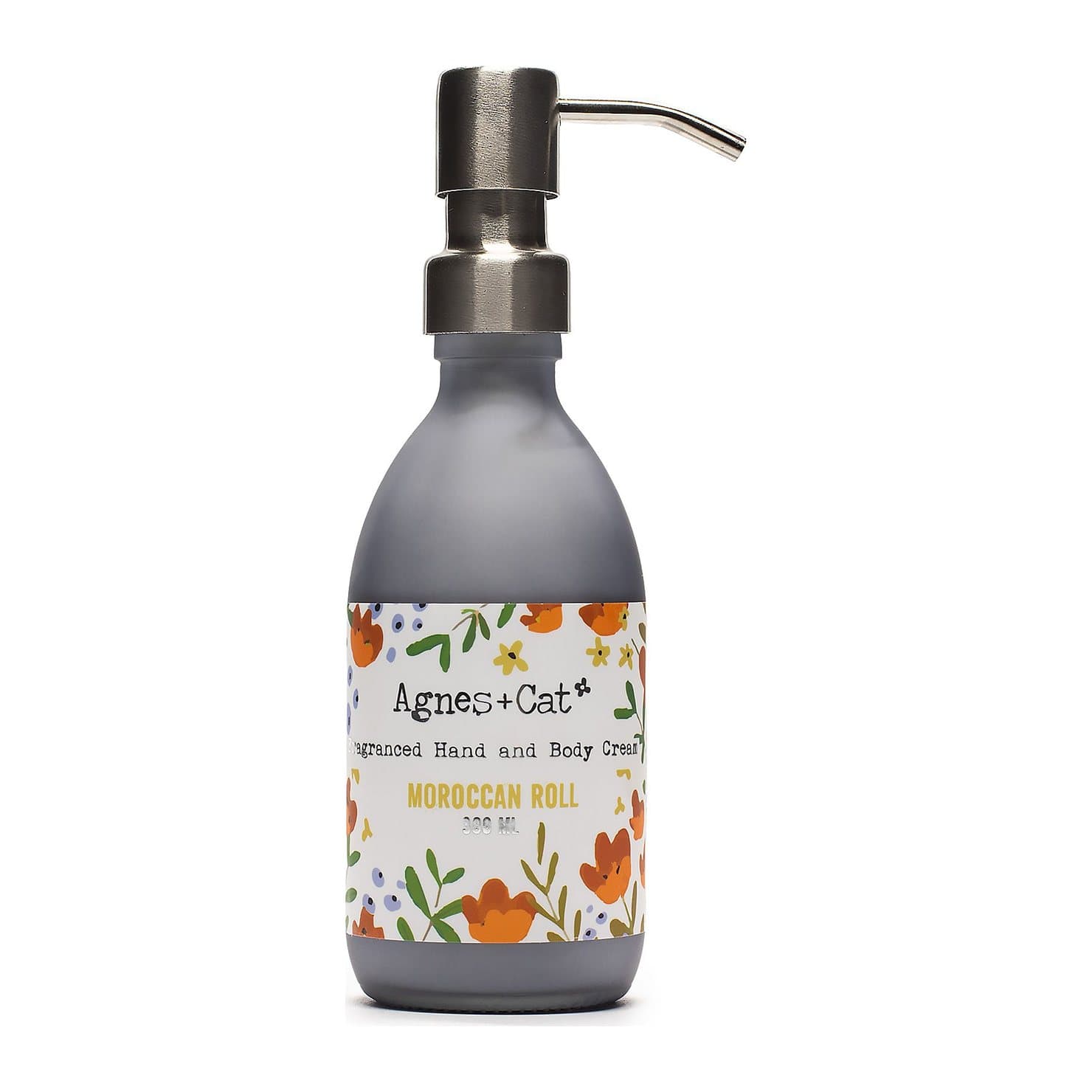 Moroccan Roll hand and body cream in frosted grey glass bottle