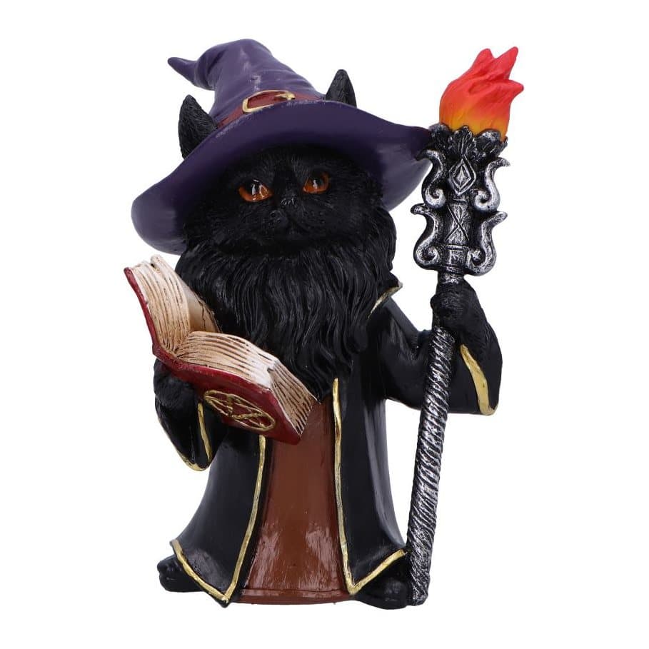 Black wizard cat figurine in purple hat holding a red spellbook and torch staff
