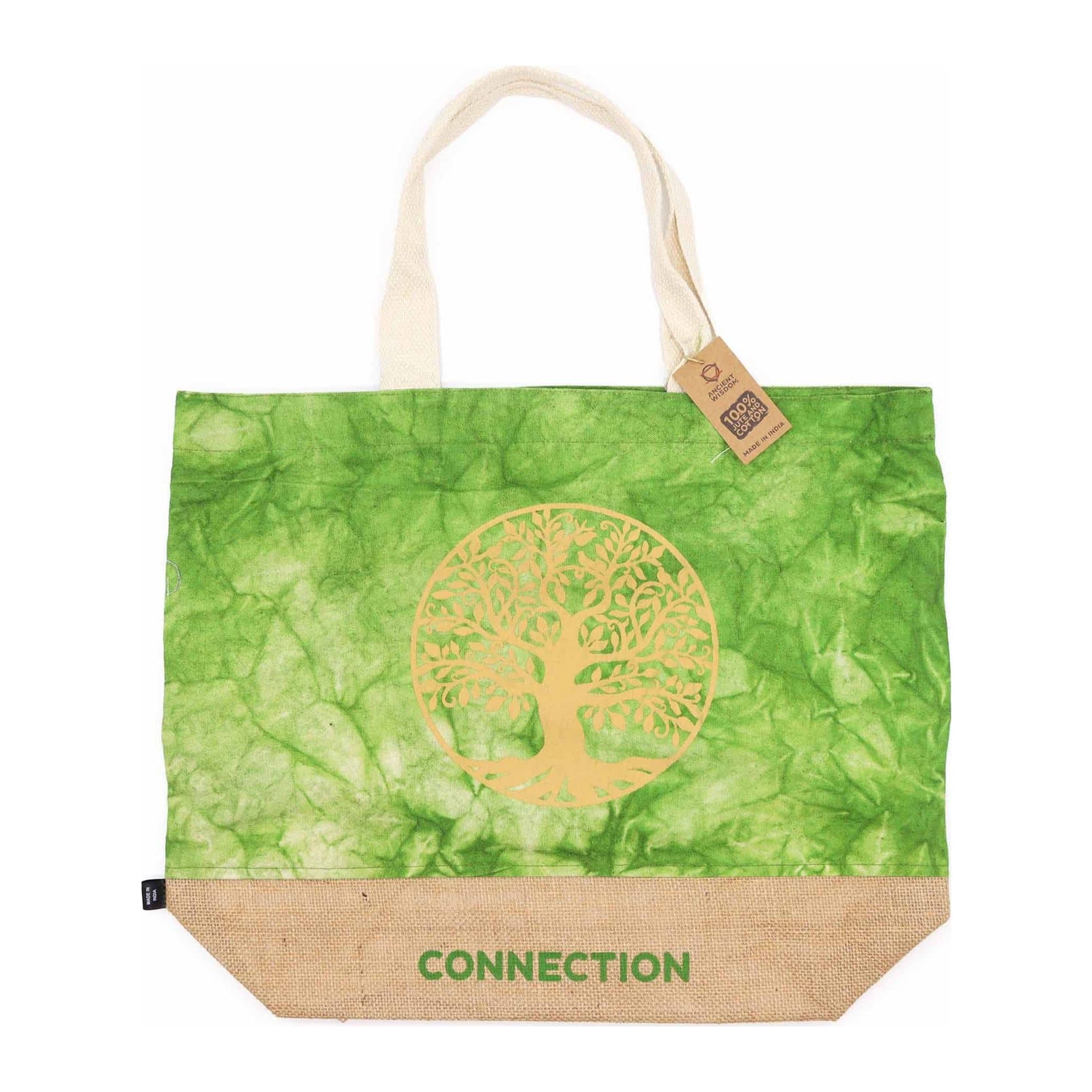 Green stonewash jute and cotton tote bag with a Tree of Life symbol on the front