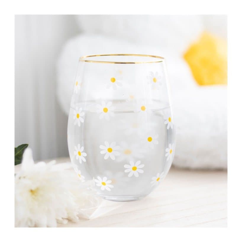 Stemless wine glass with an all-over daisy print and gold-tone rim