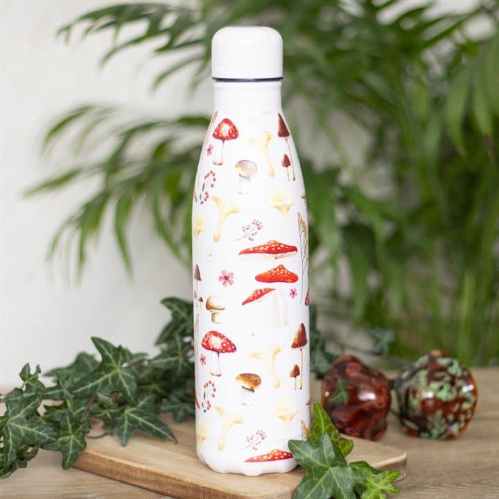 Steel water bottle covered in colourful toadstools and botanical details