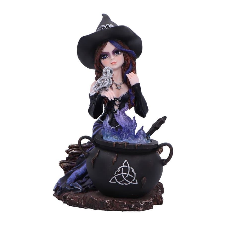Alvina witch figurine seated on a log with an owl and a black cauldron