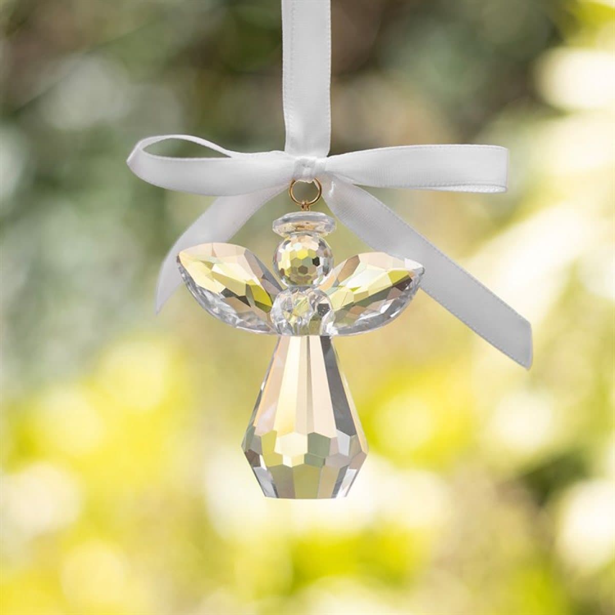 Faceted glass angel with white ribbon on an Always Beside You backing card