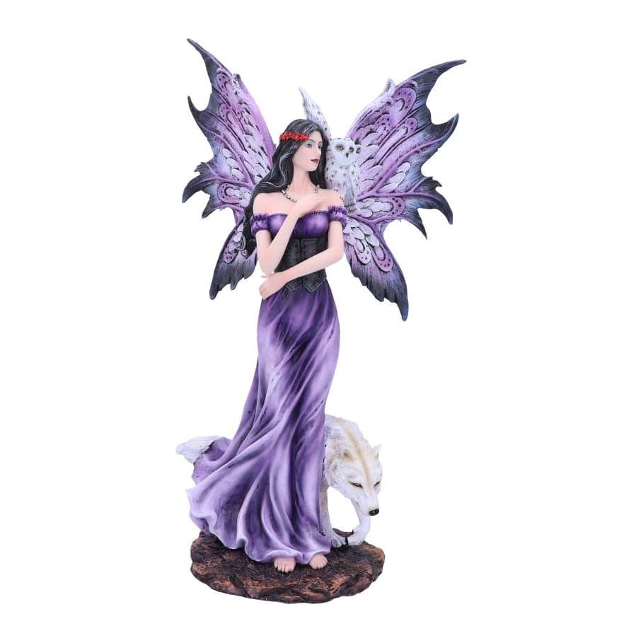 Blonde fairy in a blue ball gown, snowy owl on her shoulder, white wolf at her feet