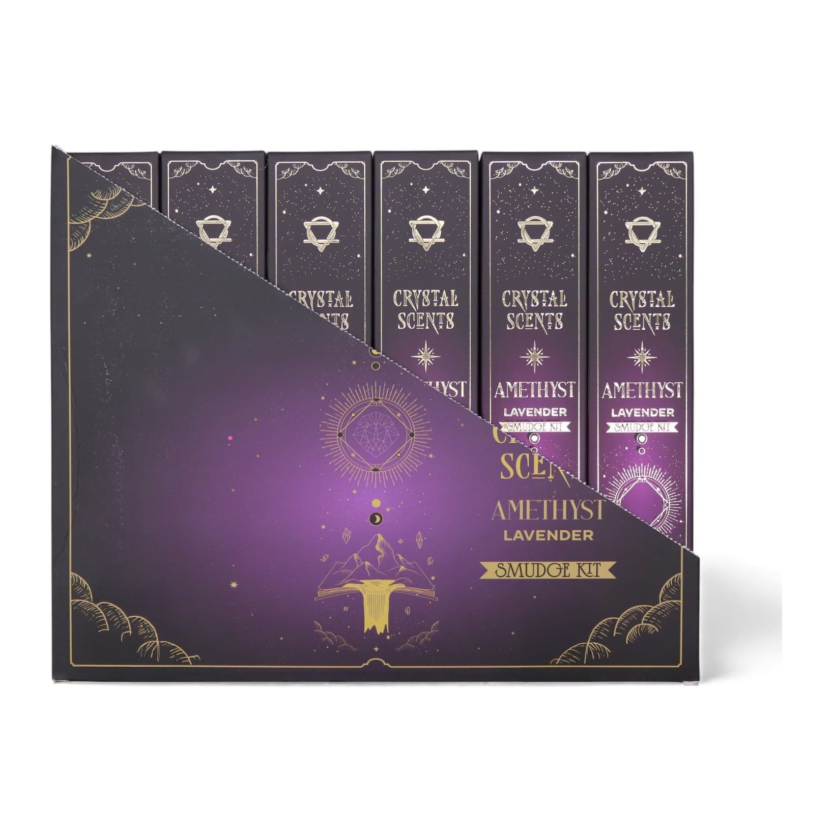 Lavender smudge incense sticks in a celestial-themed cardboard sleeve