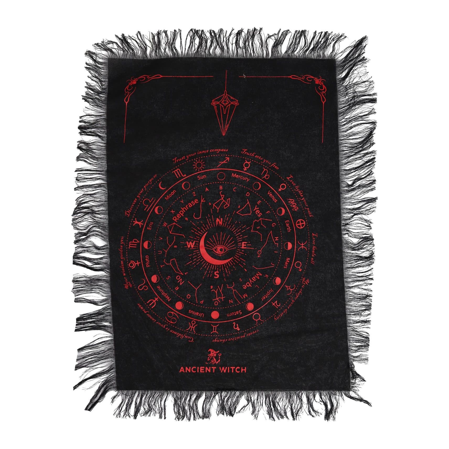 Black pendulum divination cloth with a red All Seeing Eye design and zodiac symbols
