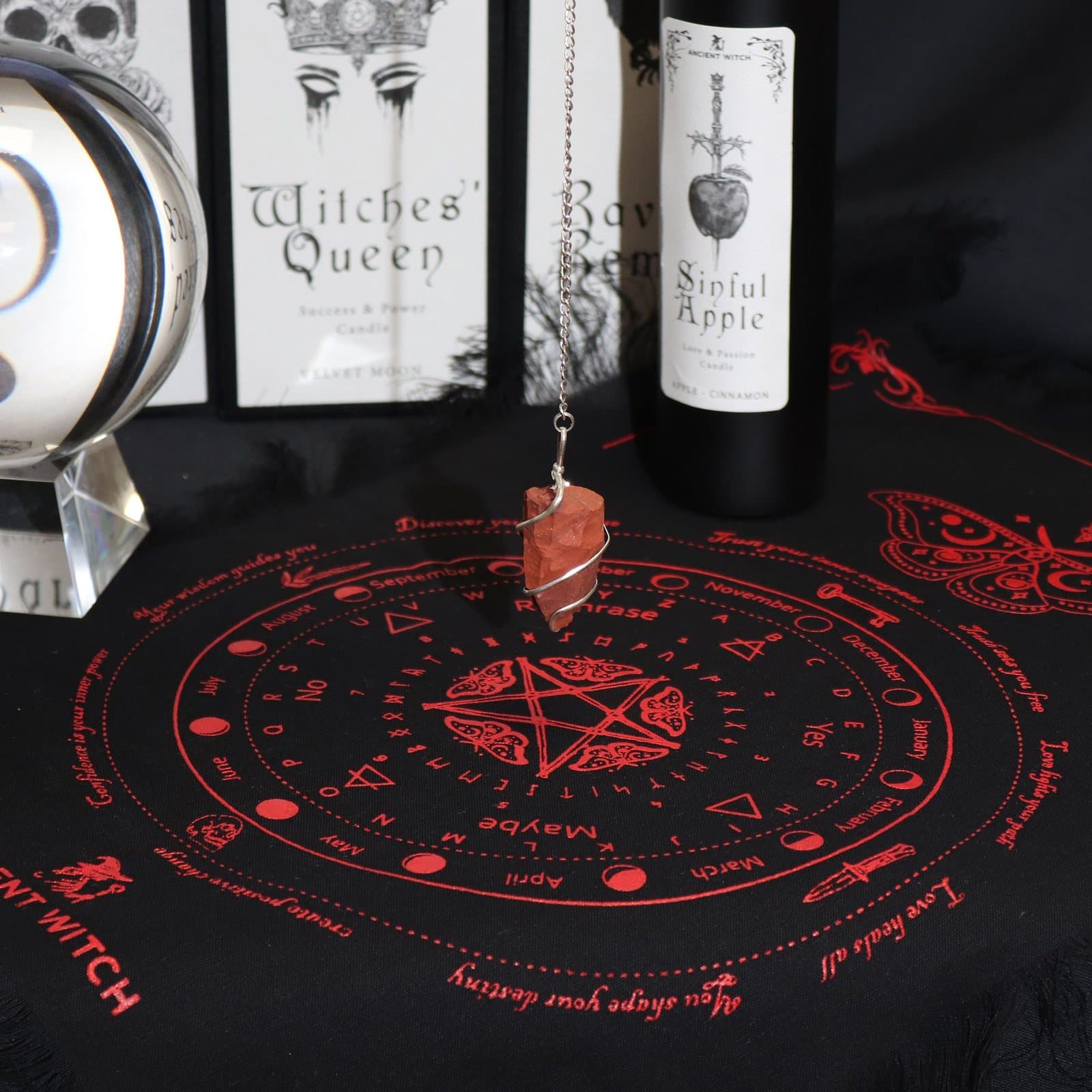 Black and red mystic moth pendulum divination cloth with fringed edges