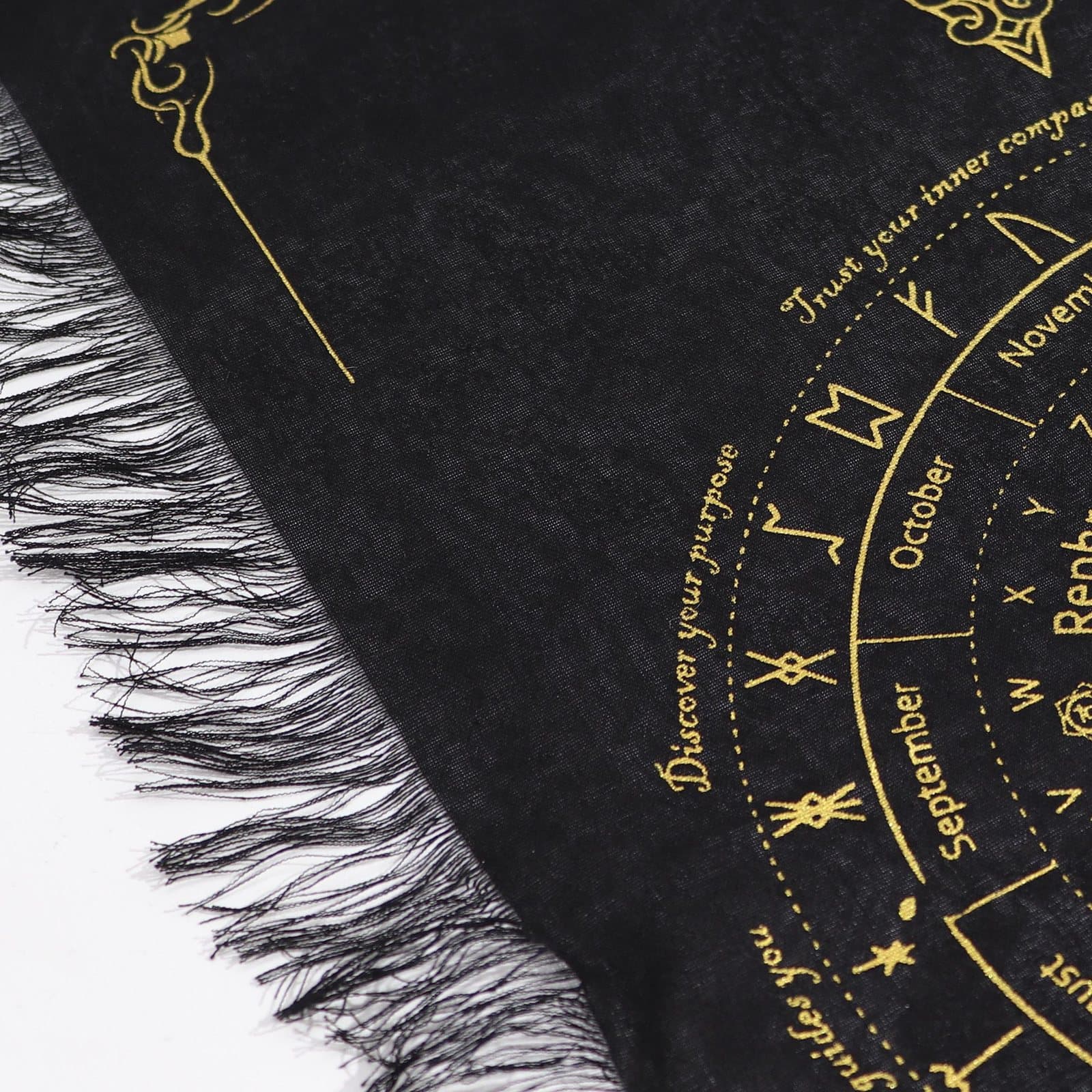 Sun face pendulum divination cloth with a central sun design, in black and gold