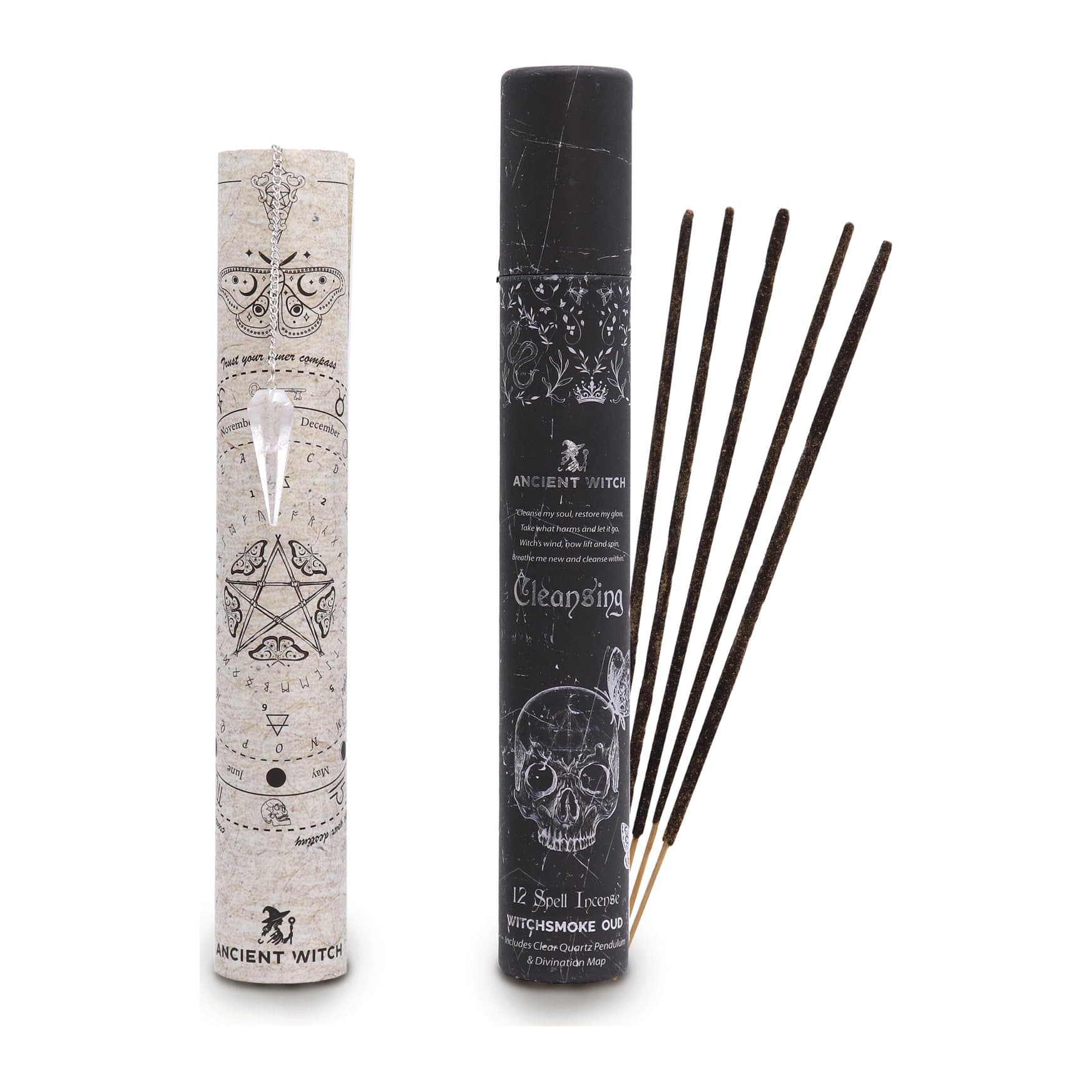 Matte black tube of Ancient Witch Spell incense with a rock crystal pendulum