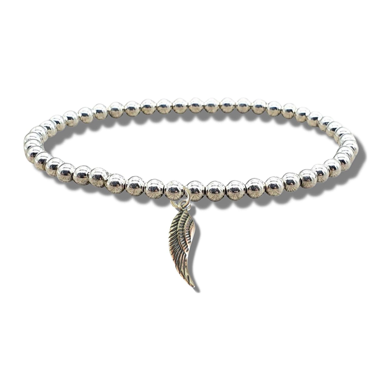 Silver beaded stretch bracelet with an angel wing charm