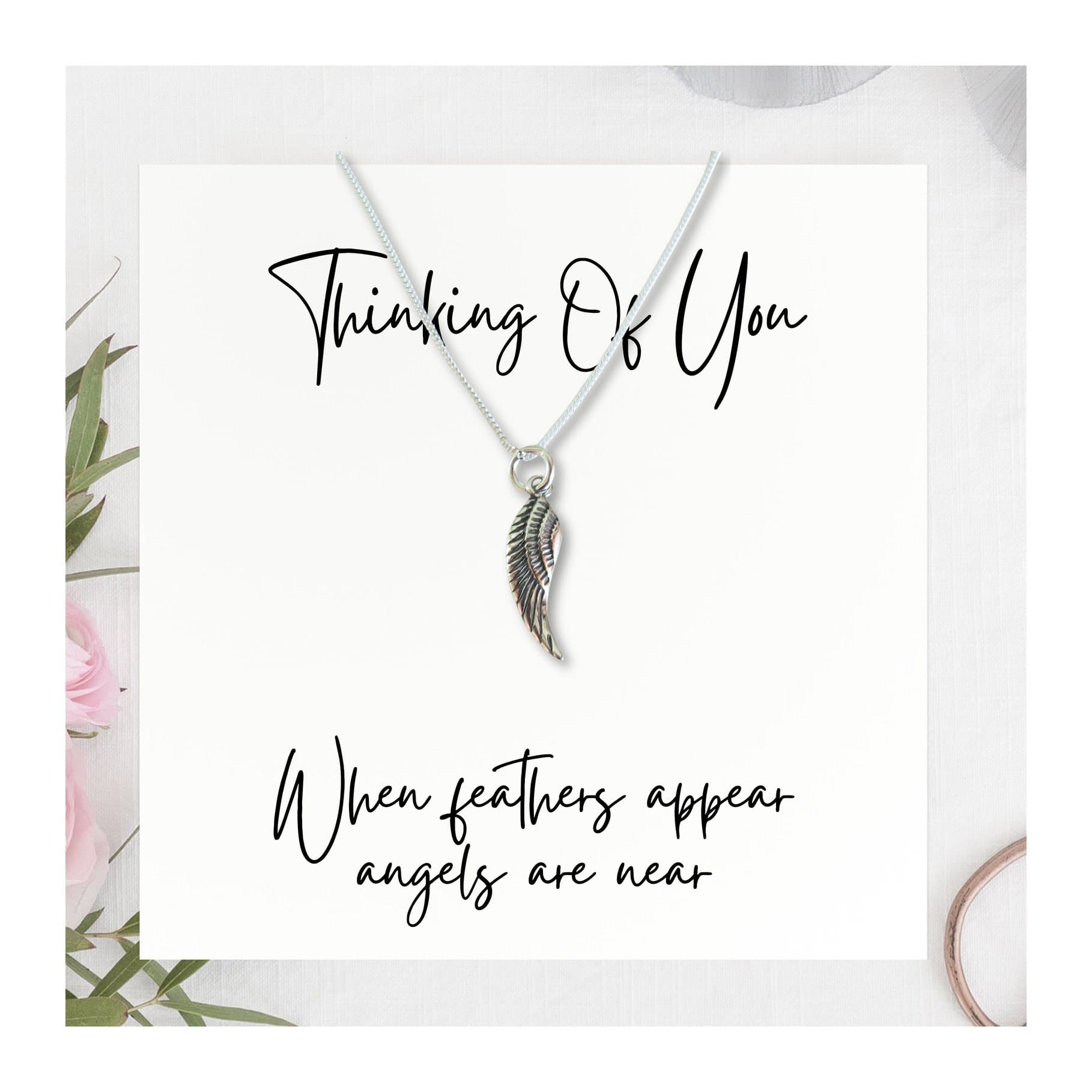 Silver angel feather charm necklace with a Thinking of you message card