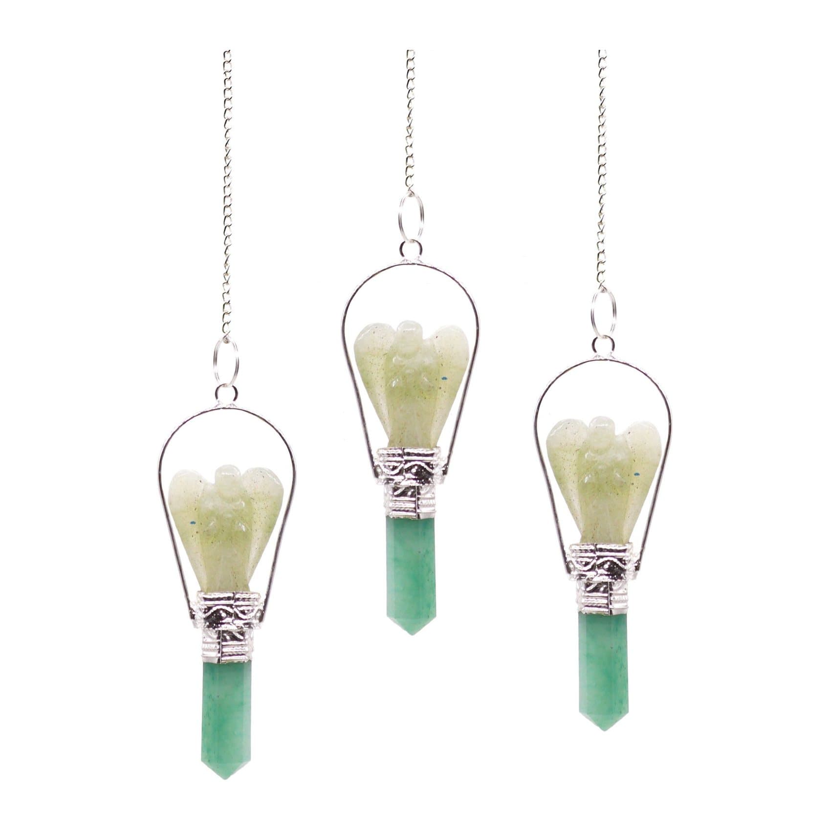 Green aventurine angel pendulum with a pointed crystal end and ring-style frame