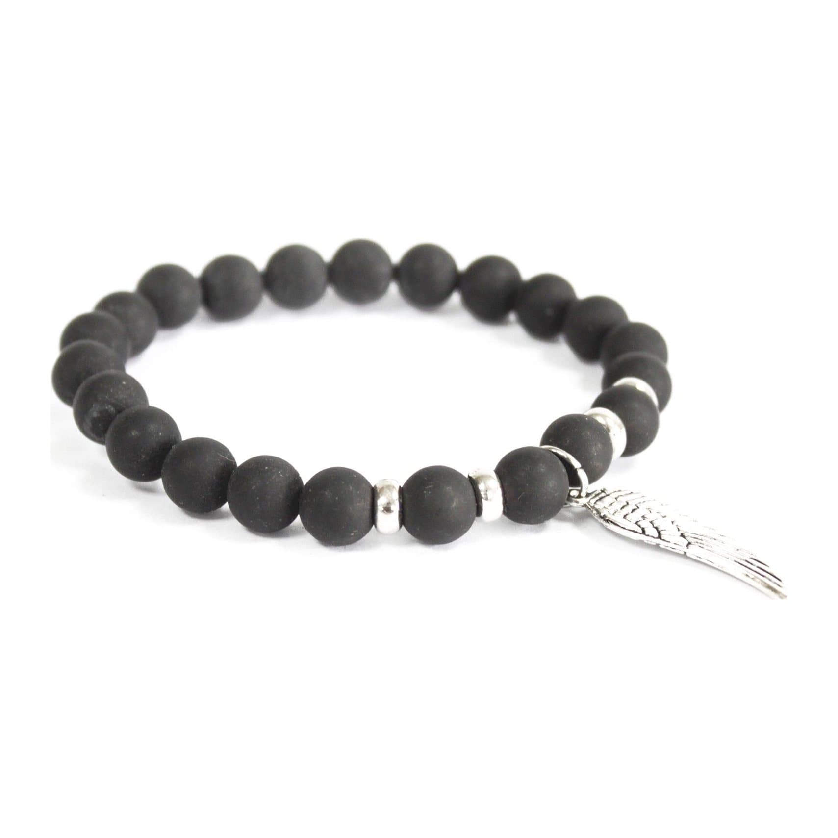 Black agate bead bracelet with an angel wing charm