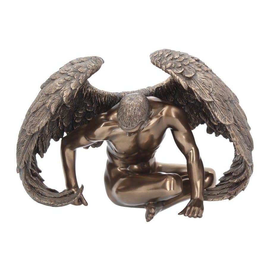 Bronze finish angel figurine sitting on the ground with head bowed and wings curled