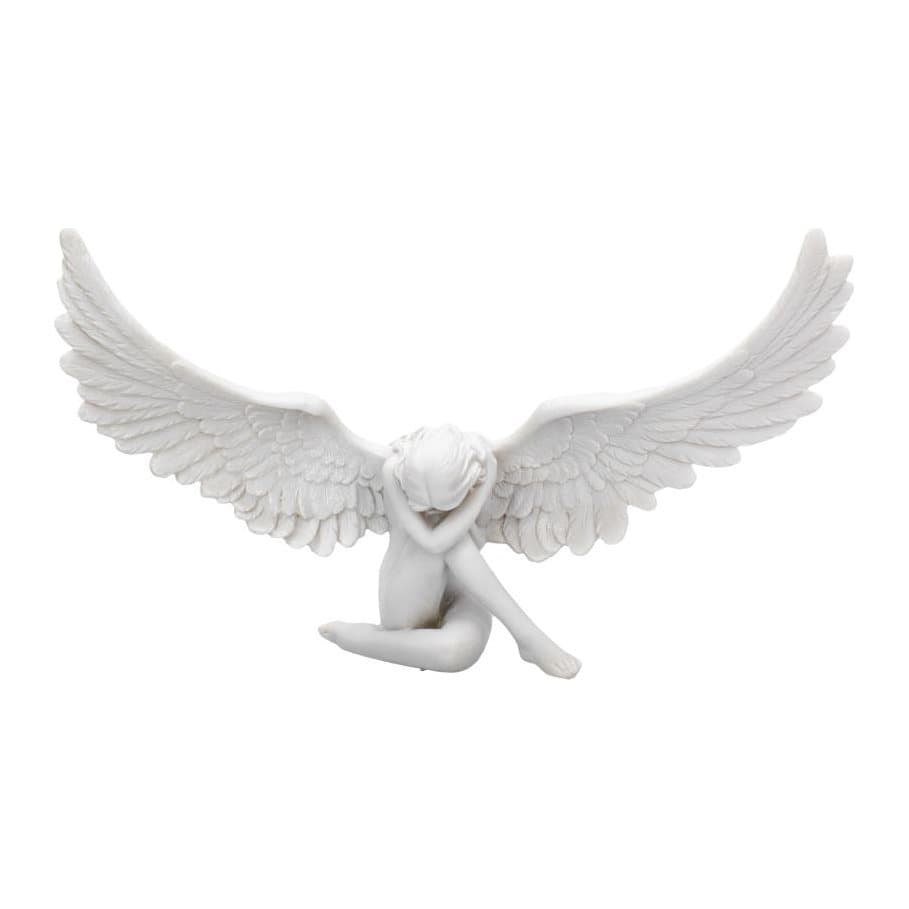Seated resin angel figurine with bowed head and large spread wings
