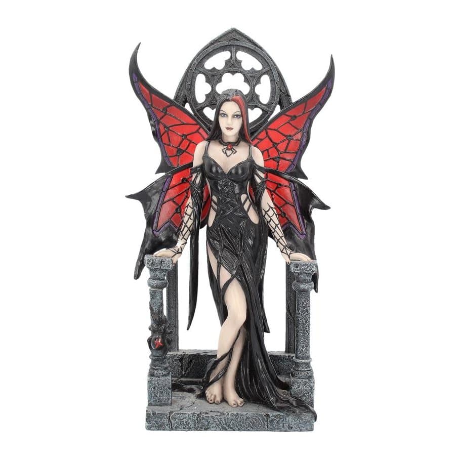 Dark fairy figurine with black and red spider web wings between grey stone posts