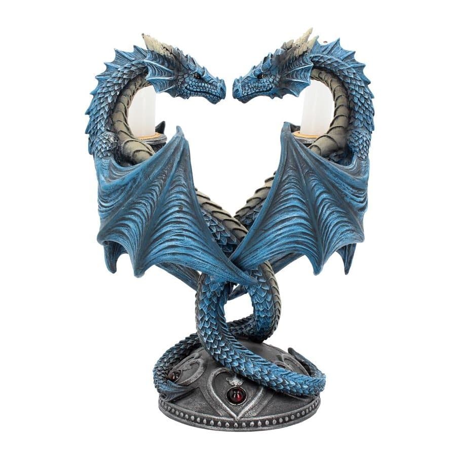 Two blue dragons forming a heart on a black base candle holder