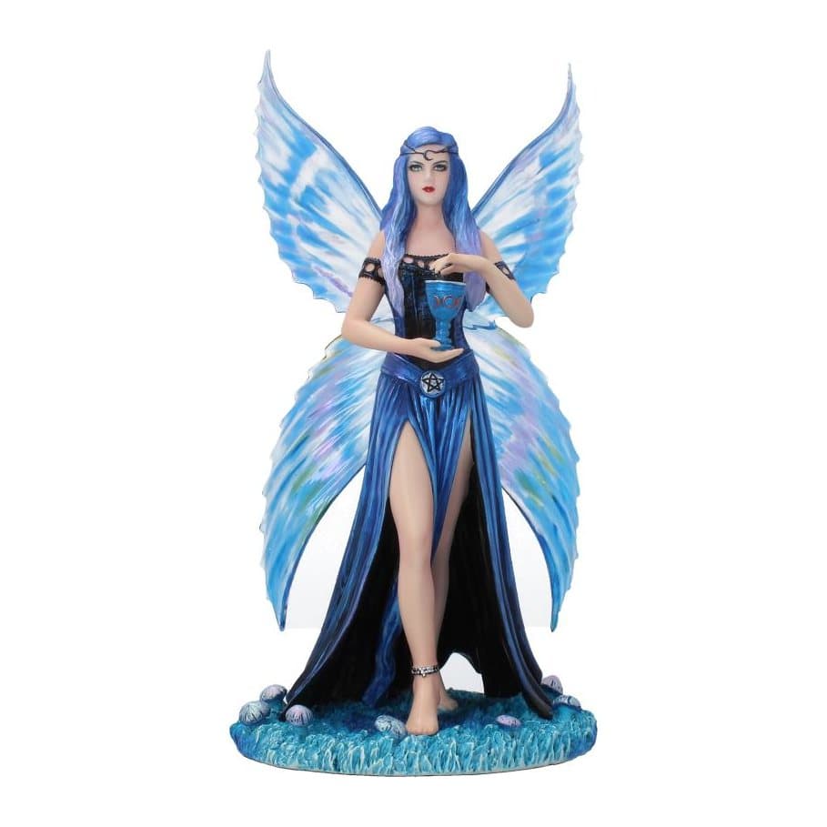 Blue-haired fairy figurine with rainbow wings holding a blue goblet