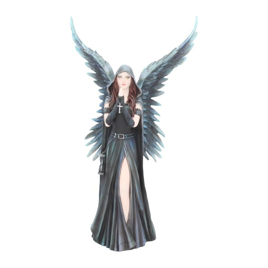 Black-winged dark angel figurine holding a crucifix in clasped hands