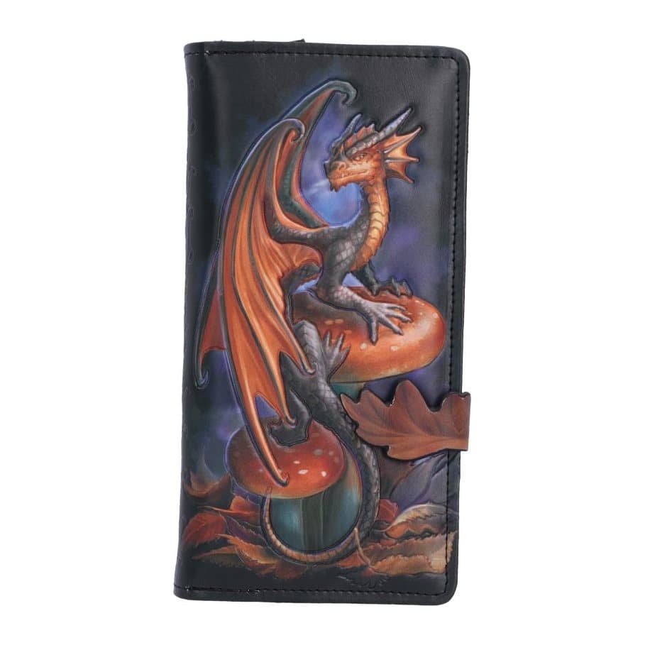 Anne Stokes purse with an embossed dragon on woodland mushrooms