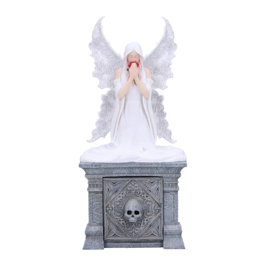 Anne Stokes fairy figurine kneeling on a storage box, with delicate wings