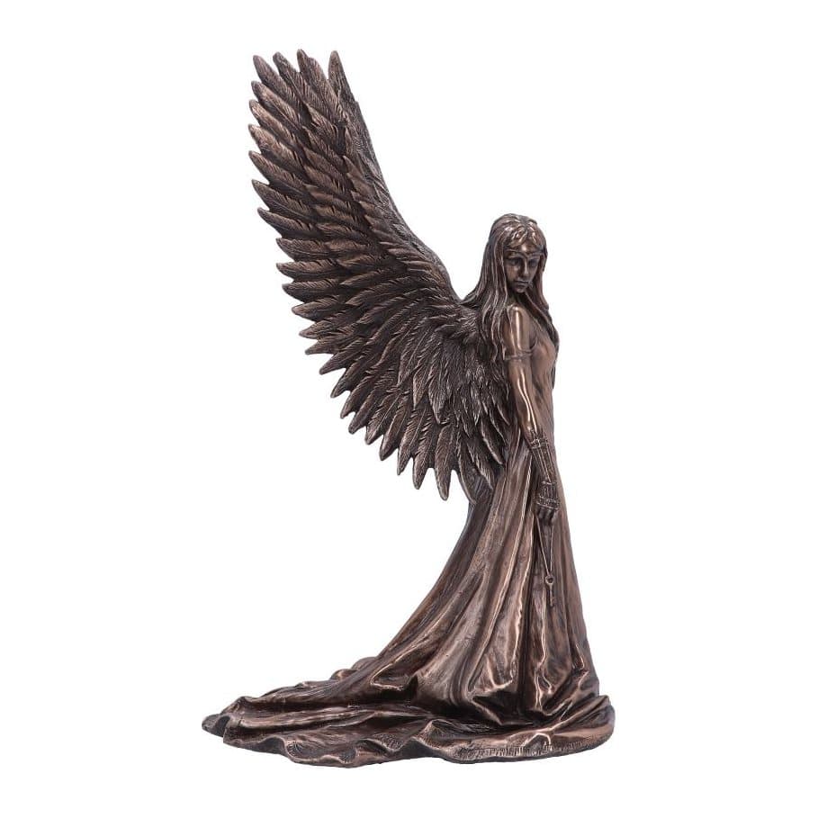 Bronze-finish angel figurine with long wings holding a key on a chain
