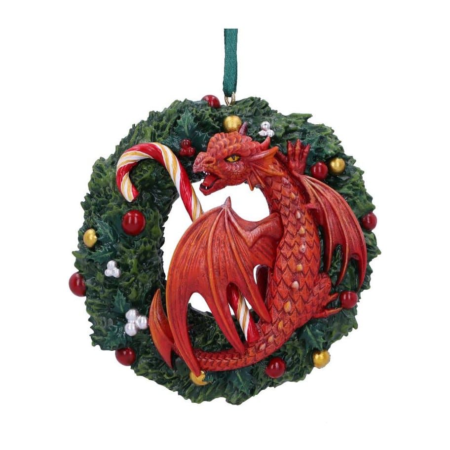 Red dragon with candy canes on a Christmas wreath, hanging ornament