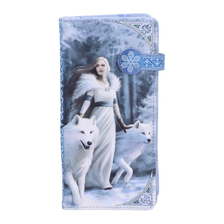 Embossed purse with Winter Guardians wolf artwork by Anne Stokes