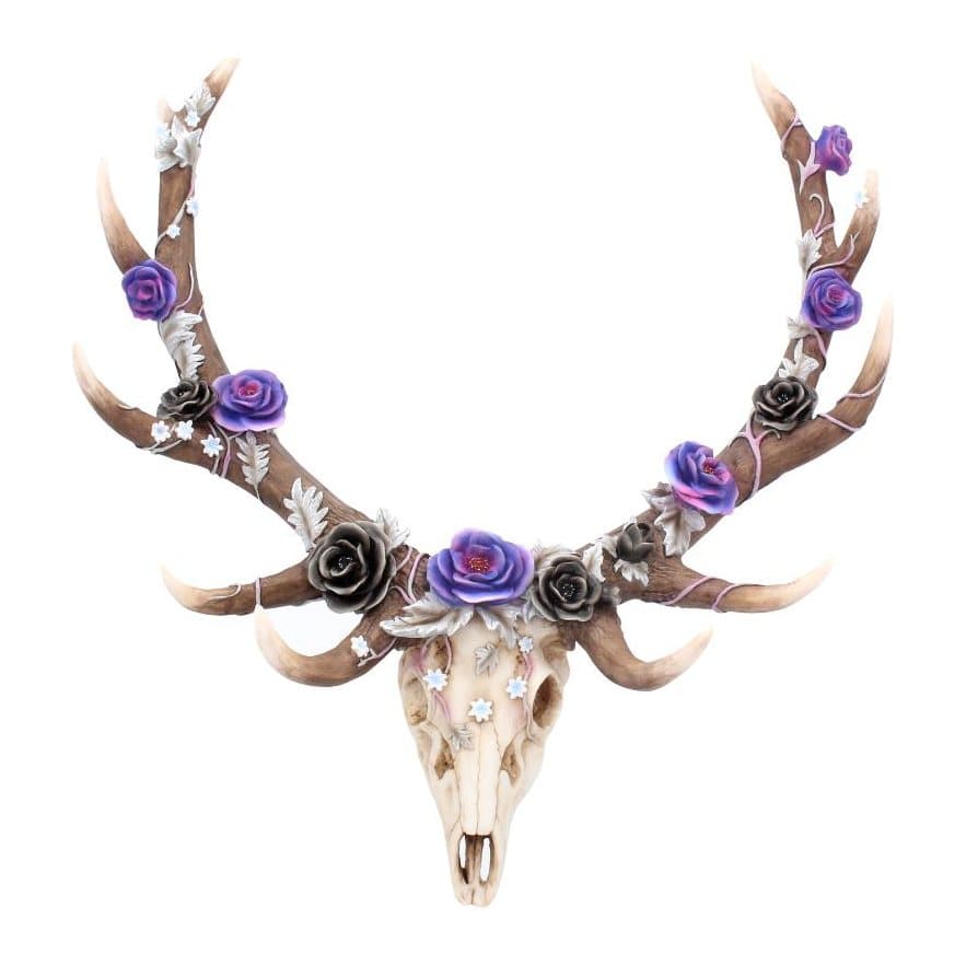 Floral decorated stag skull with white vines and purple and black flowers on antlers