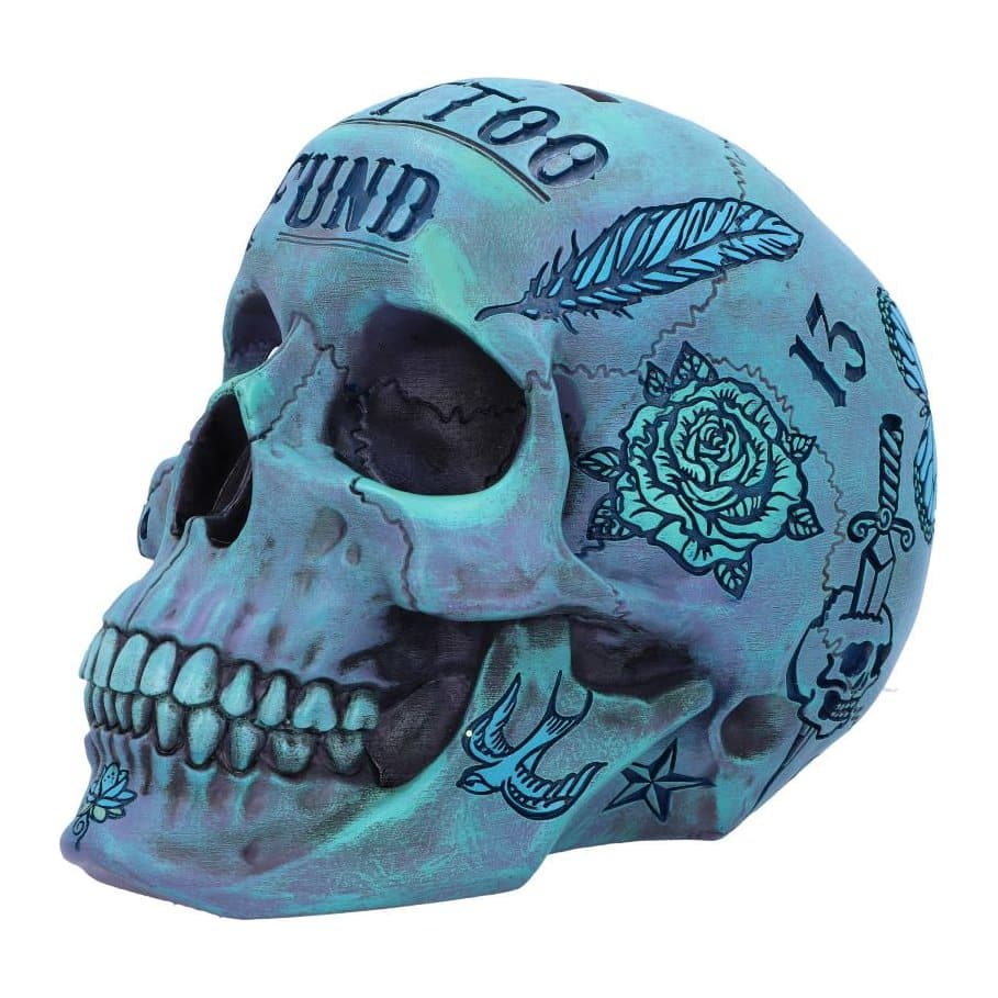 Blue pearlescent skull money box with painted tattoo designs