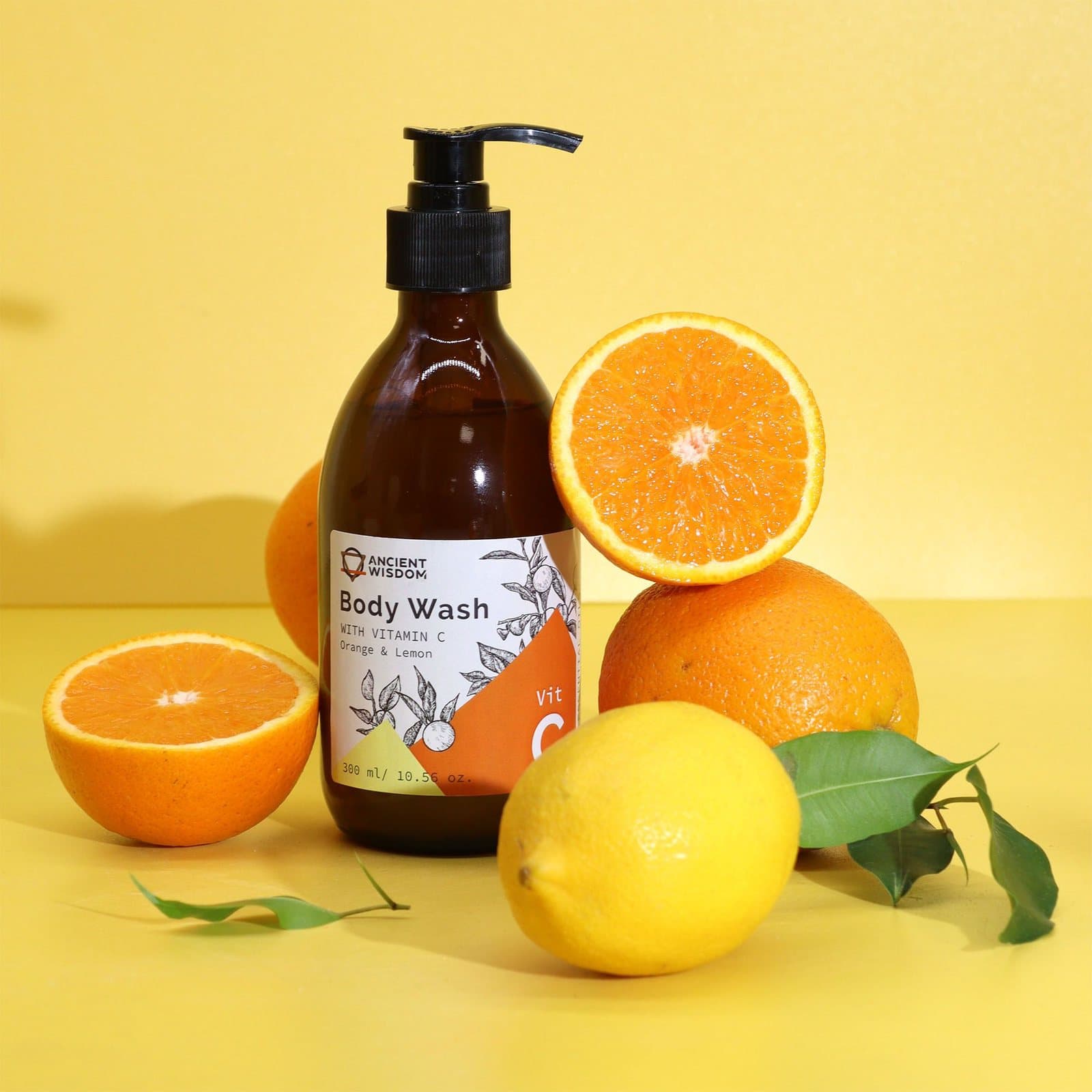 Orange and Lemon body wash with Vitamin C in a pump bottle