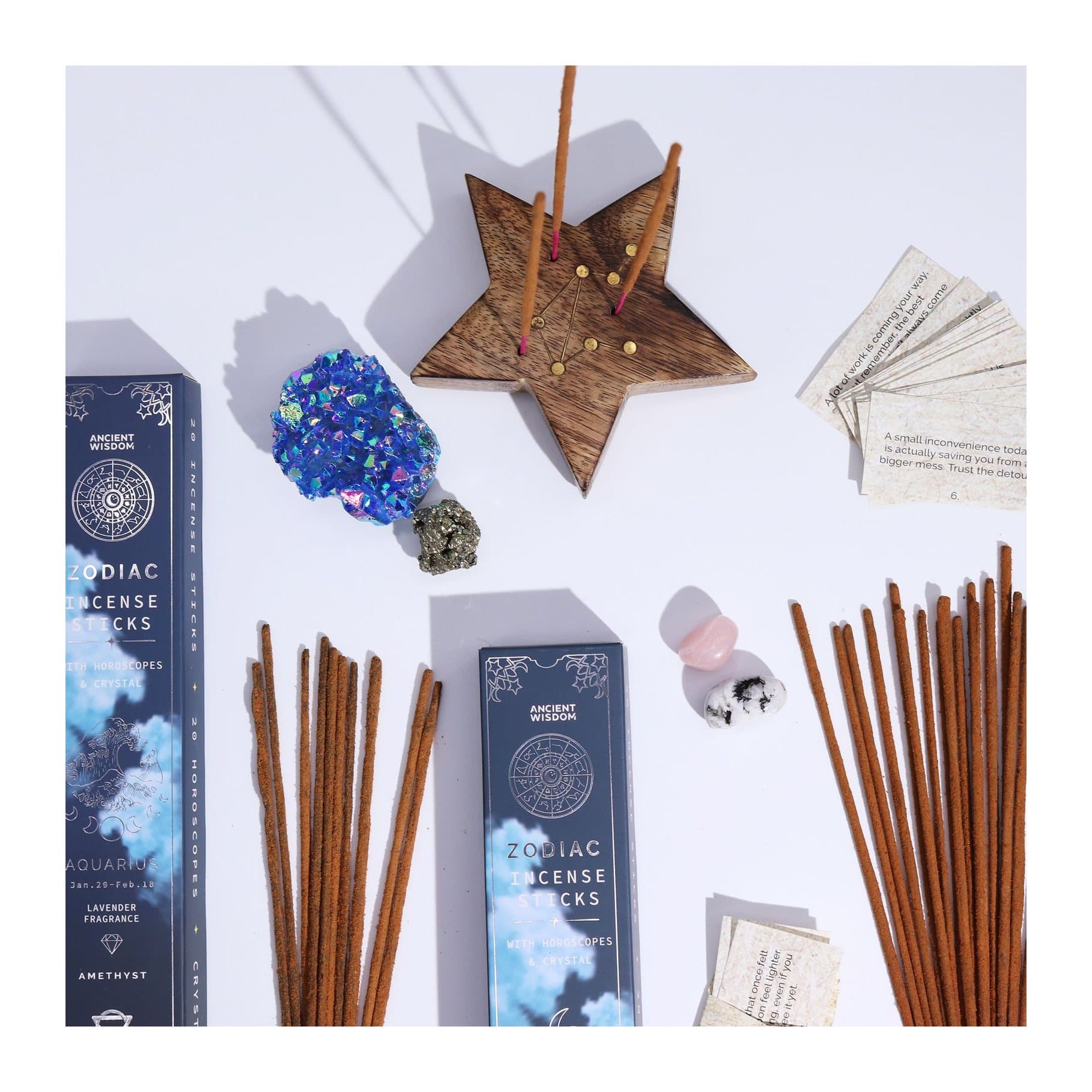 Pisces zodiac incense set: incense sticks, aquamarine stone and horoscopes