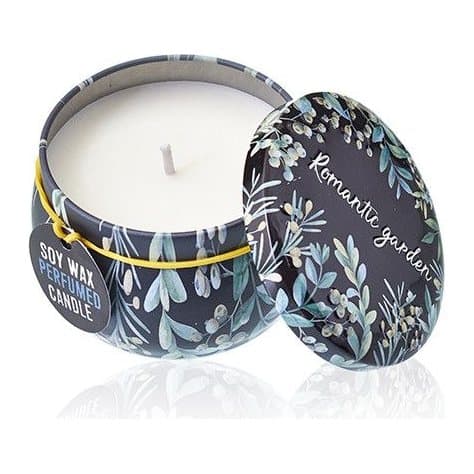 Art Tin Candle in a printed Romantic Garden tin, Tea and Rose scent