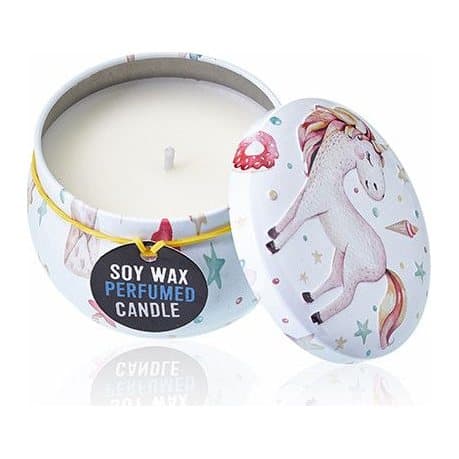 Two art printed unicorn tin candles in the Moonstone scent