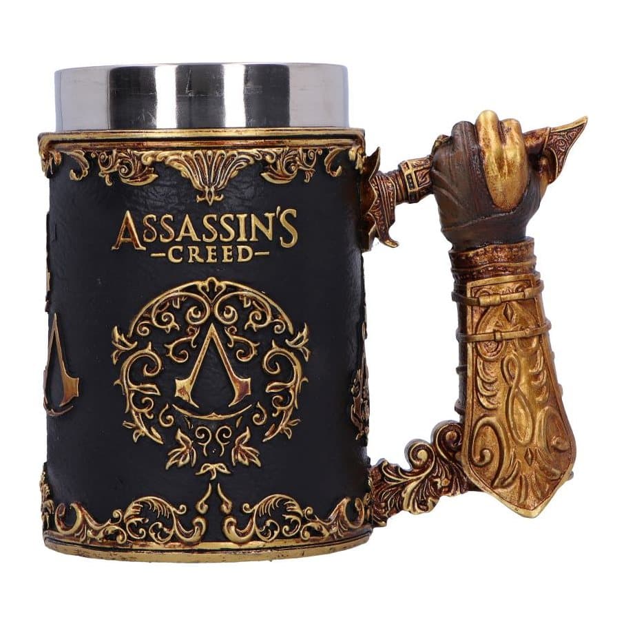 Black and gold Assassin's Creed Through the Ages tankard with intricate gold details